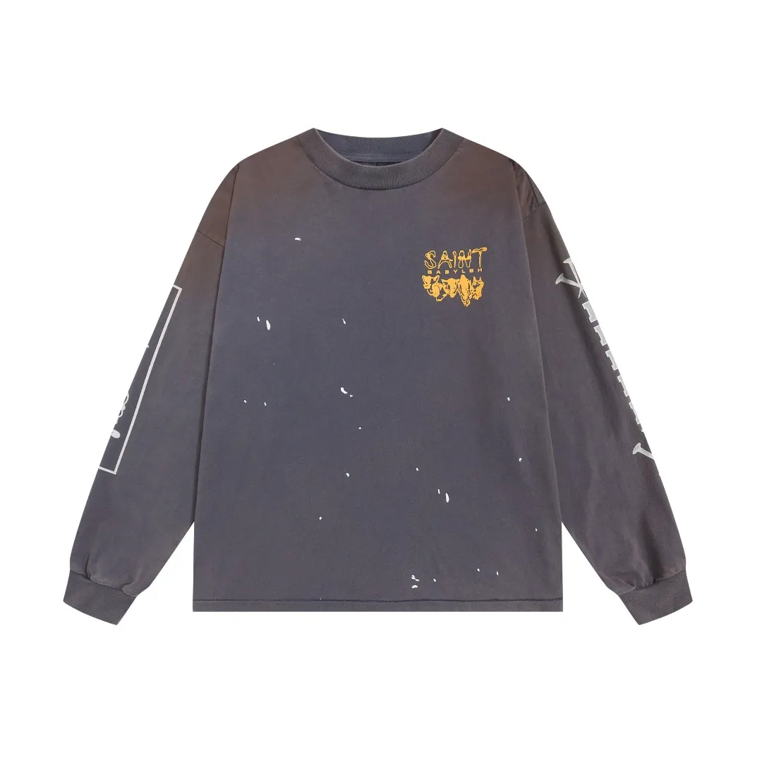 St. Michael's retro nail print co-signed letters washed and distressed casual loose round neck long-sleeved T-shirt on the street. Fabric: 260g Style number: SM660 Size: S-M-L-XL Color: washed blue Price: P156